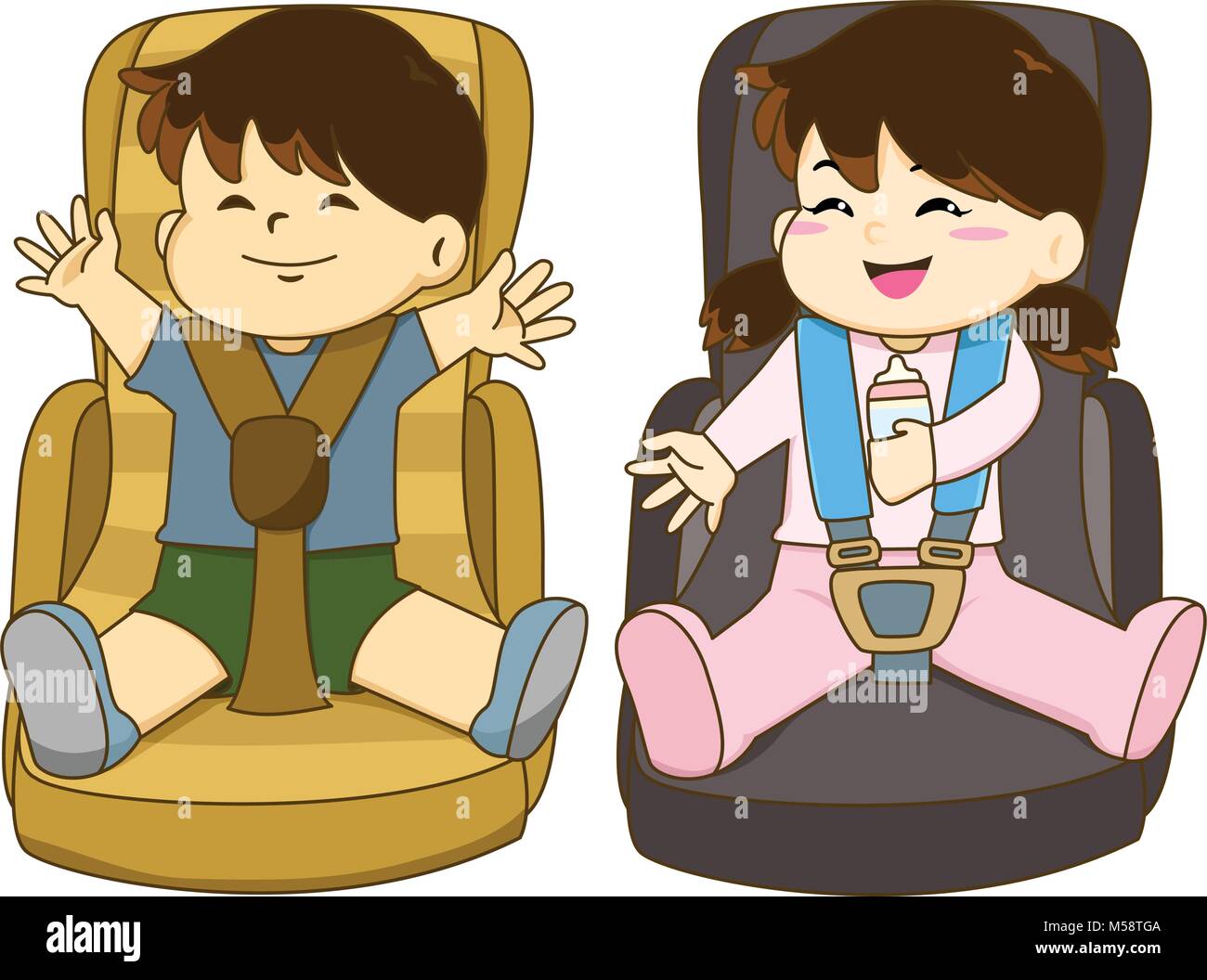 Vector of boy and girl sitting on car seat wearing seat belt Stock Vector