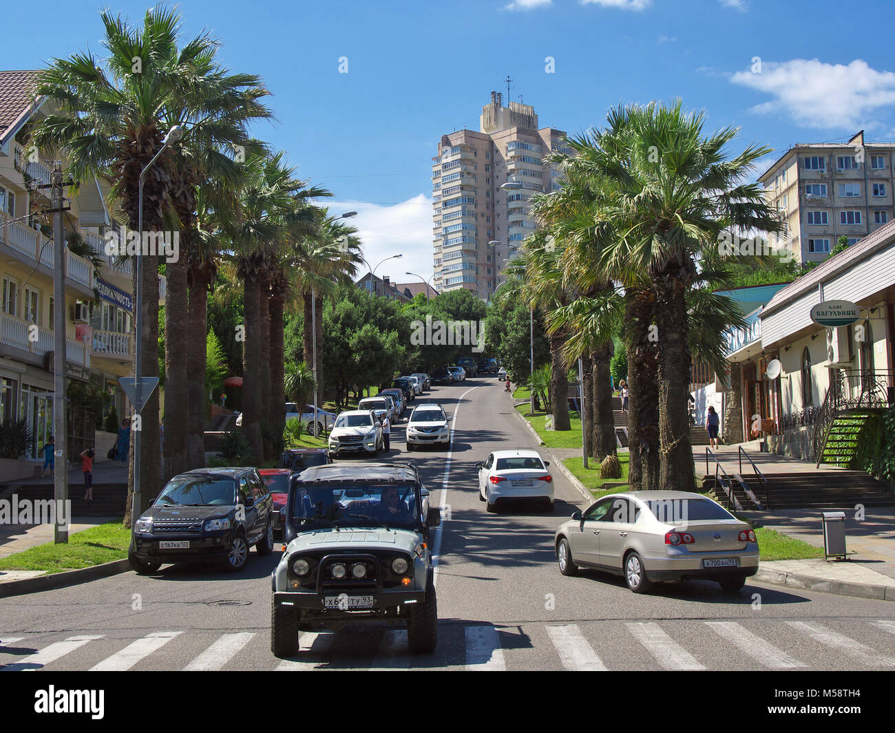 Lazarevskoe, Sochi, Russia - June 27, 2014: Cars driving on Spring ...