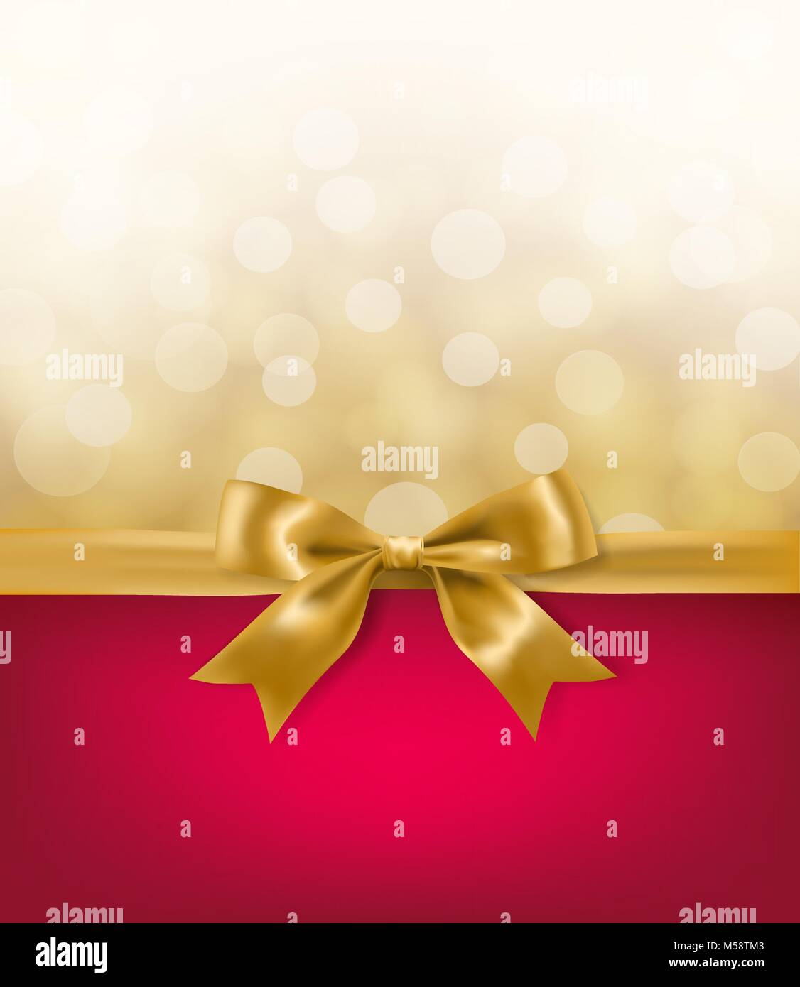 golden bow on red background with light bokeh effects. vector il Stock Vector