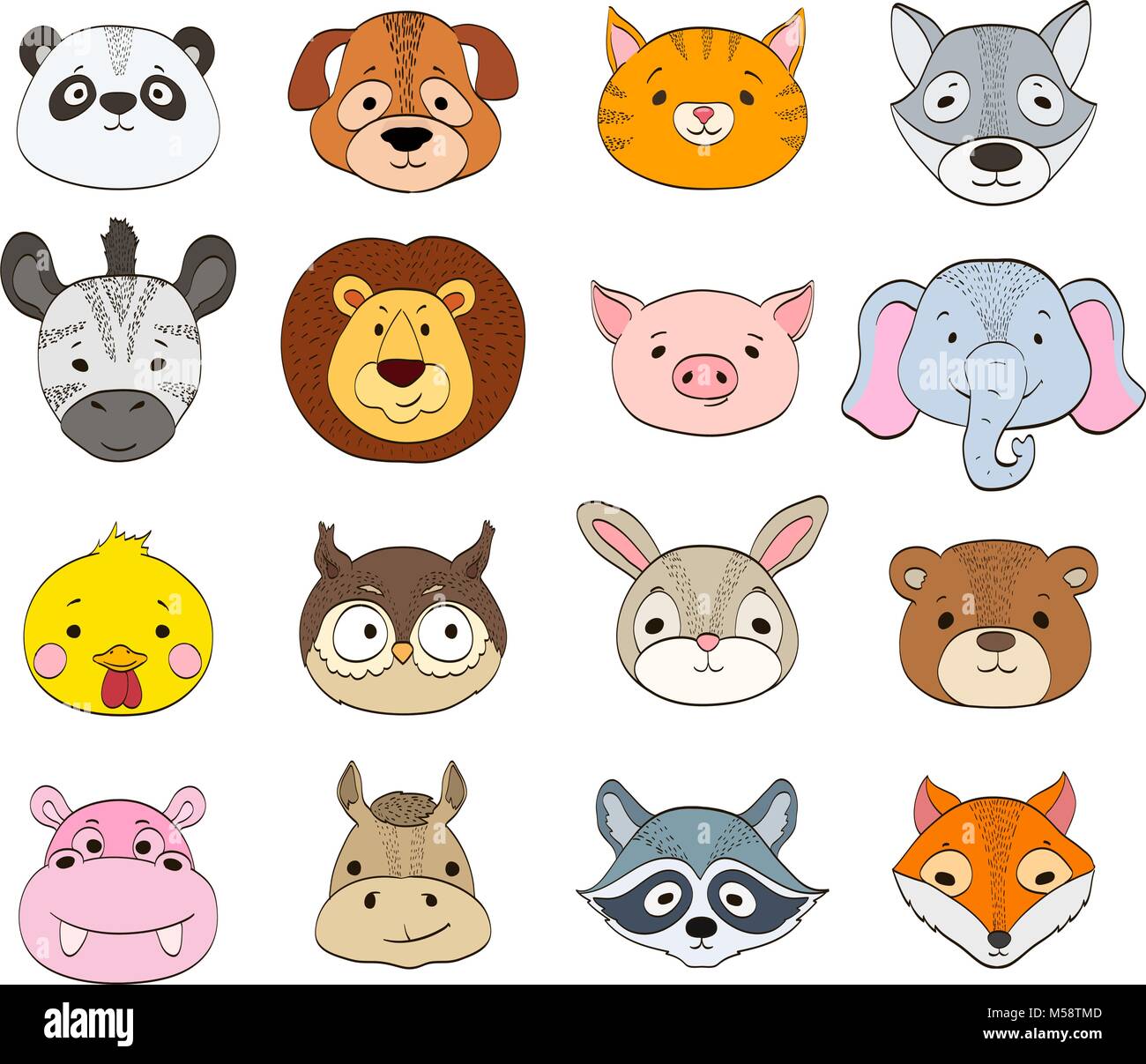 set of cartoon animal faces on white. baby animals symbols drawi ...