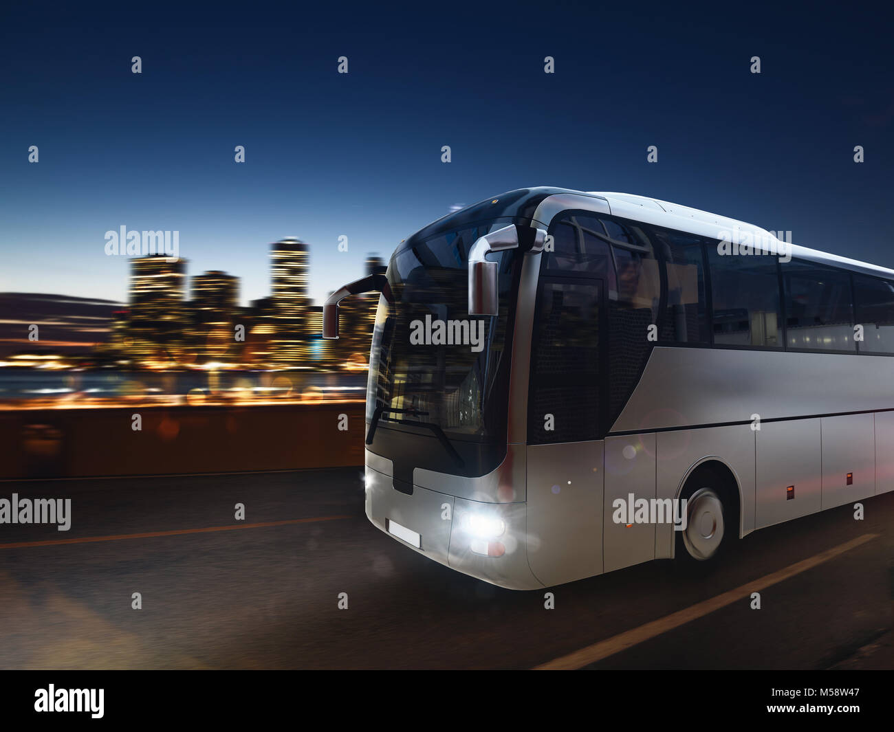 Bus on the road at night with city landscape. 3D rendering Stock Photo