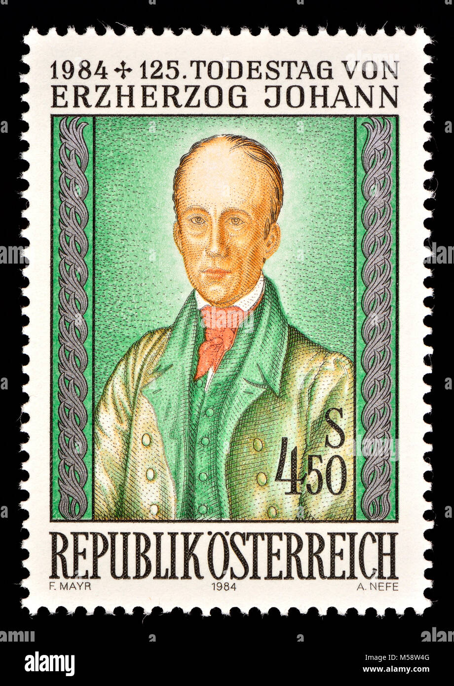 Austrian postage stamp (1984) : Archduke John of Austria (Erzherzog Johann Baptist Joseph Fabian Sebastian von Österreich; 1782 – 1859) Imperial Regen Stock Photo