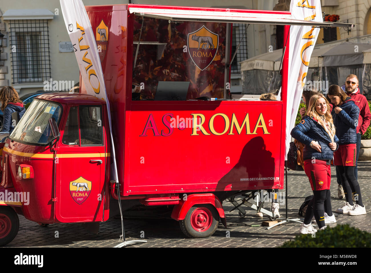 AS Roma football team marketing van and girls at Piazza di Spagna, Rome, Lazio, Italy Stock Photo