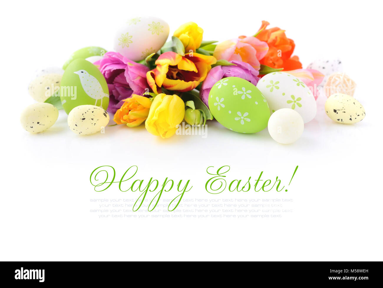 Easter eggs with tulips flowers on white background Stock Photo - Alamy