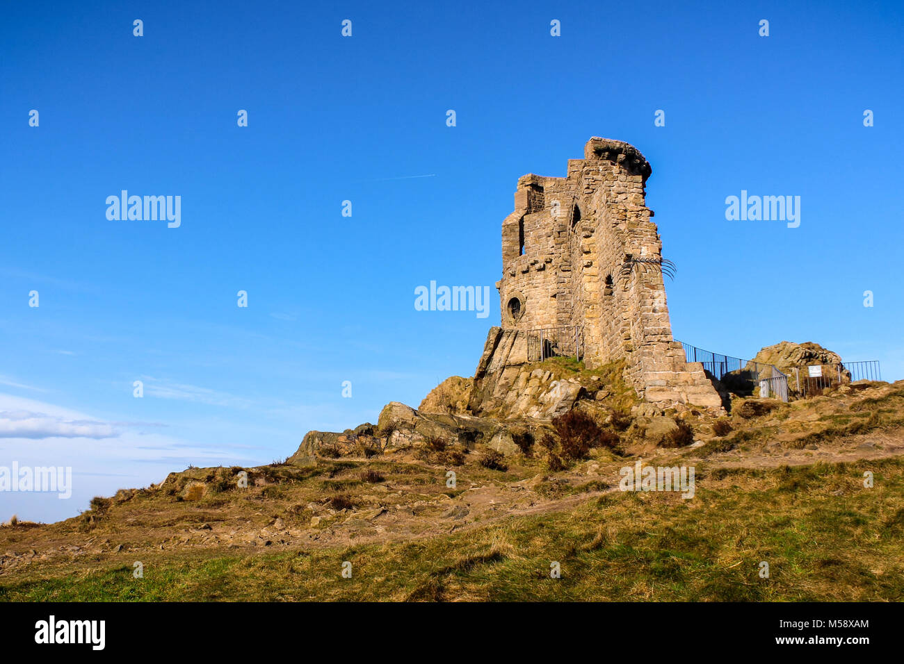The ruins of the medieval tower of Mow Cop, in Cheshire United Kingdom. Stock Photo