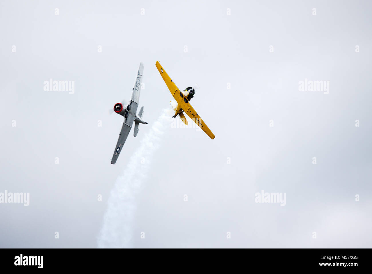 Two Harvard North American AT-6 Texan airplanes, showing off their skills in an airshow at Kjeller Airport, Norway. Stock Photo