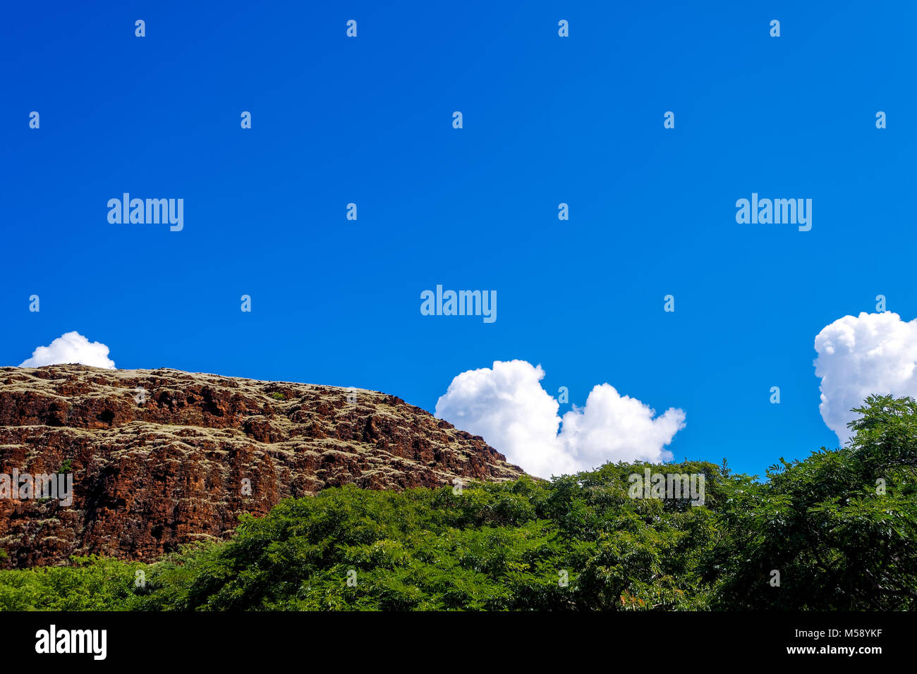 Hawaii forest mountain with clouds and blue sky Stock Photo