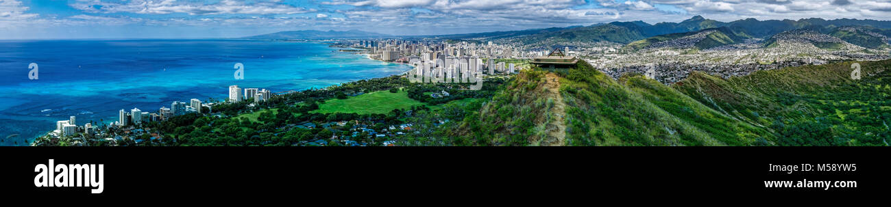 Panoramic view of Waikiki from Diamond Head in Oahu Hawaii Stock Photo