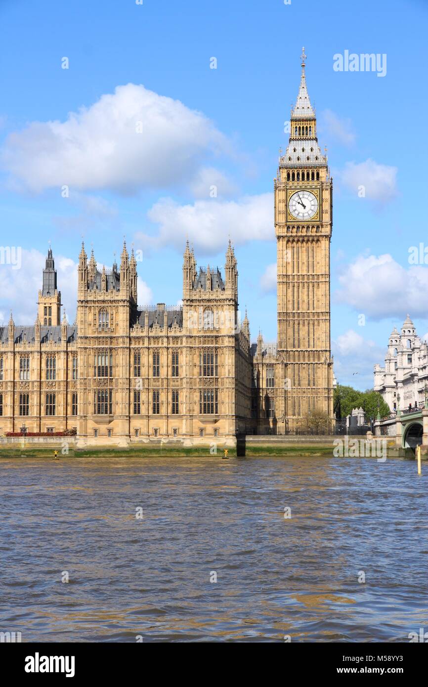 London, United Kingdom - Palace of Westminster (Houses of Parliament) with Big Ben clock tower. UNESCO World Heritage Site. Stock Photo