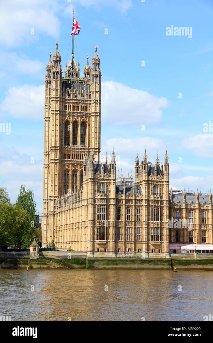 London, United Kingdom - Palace of Westminster (Houses of Parliament) with Victoria tower. UNESCO World Heritage Site. Stock Photo