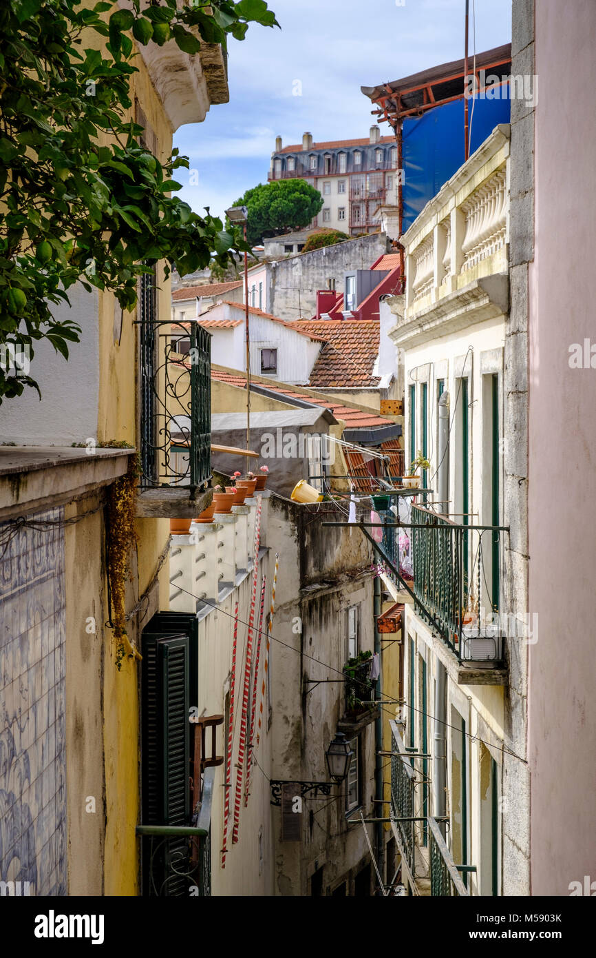 Backstreets of Alfama Neighborhood, with homes Lisbon, Portugal Stock Photo