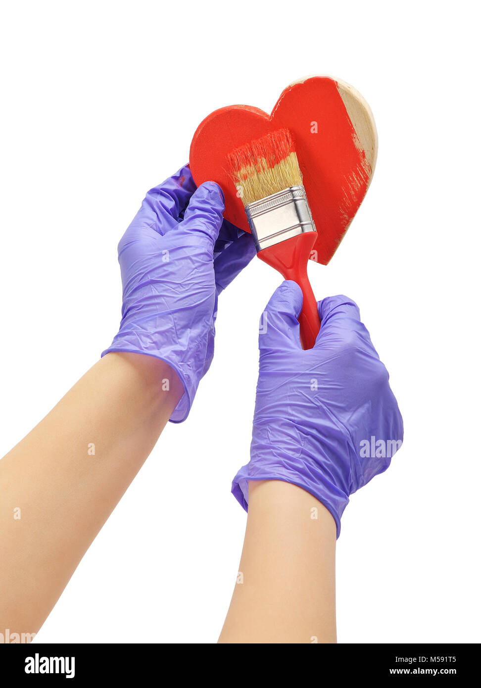 hand paints the heart with a brush hand paint in red wooden heart hand in blue glove holds a red brush Stock Photo