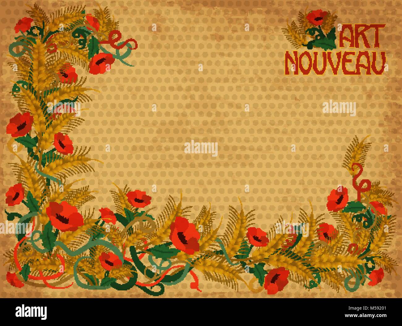 Wheaten Poppies Banner In Art Nouveau Style Vector Illustration