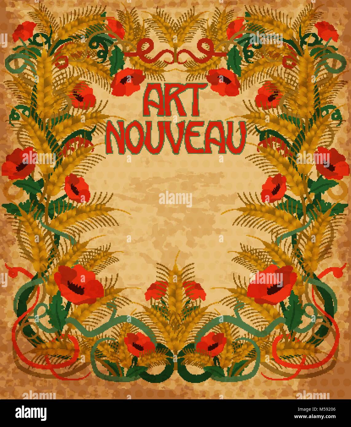 Wheaten Poppies Banner In Art Nouveau Style Vector Illustration