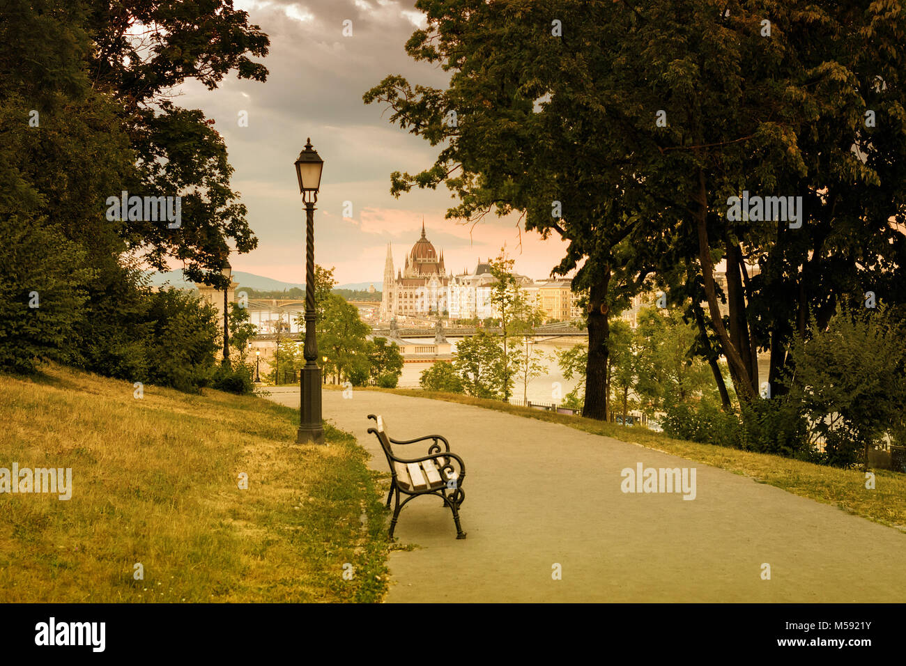 Bench In A Park With Parliament Building View Budapest Stock
