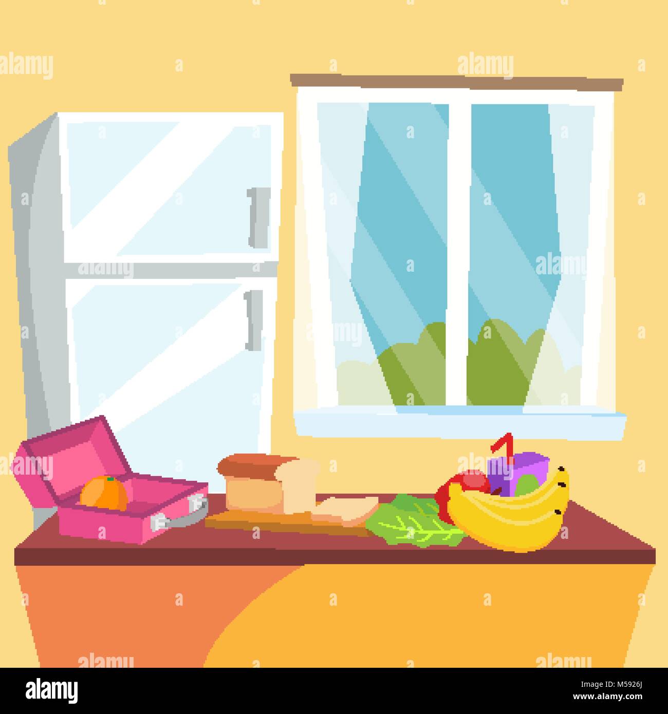 Kitchen Cartoon Vector. Classic Home Dining Room. Kitchen Interior Design. Dining Table, Fruits, Refrigerator. Flat Illustration Stock Vector