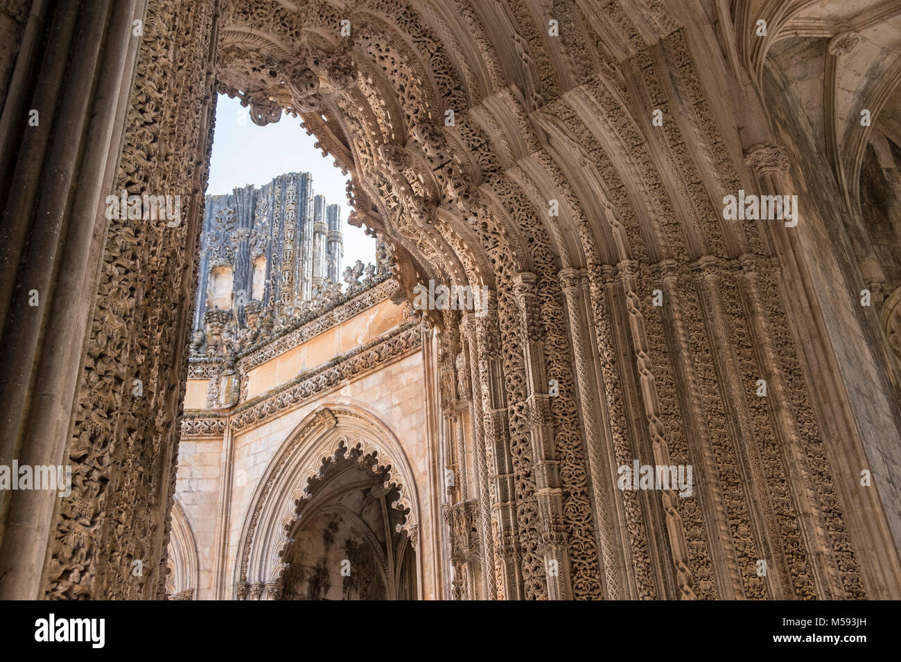 The Unfinished Chapel Batalha Monastery Late Gothic architecture in Portugal, intermingled with the Manueline style), Batalha, Leiria Region, Portugal Stock Photo