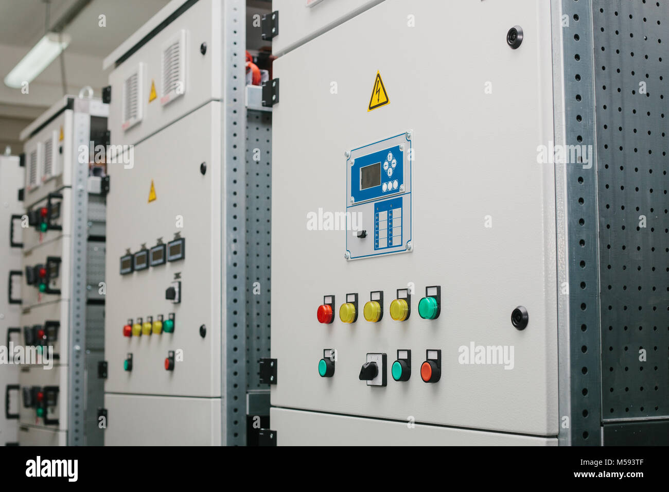 Low-voltage cabinet. Modern smart technologies in the electric power industry. The use of electrical energy in industry. Uninterrupted power. Stock Photo