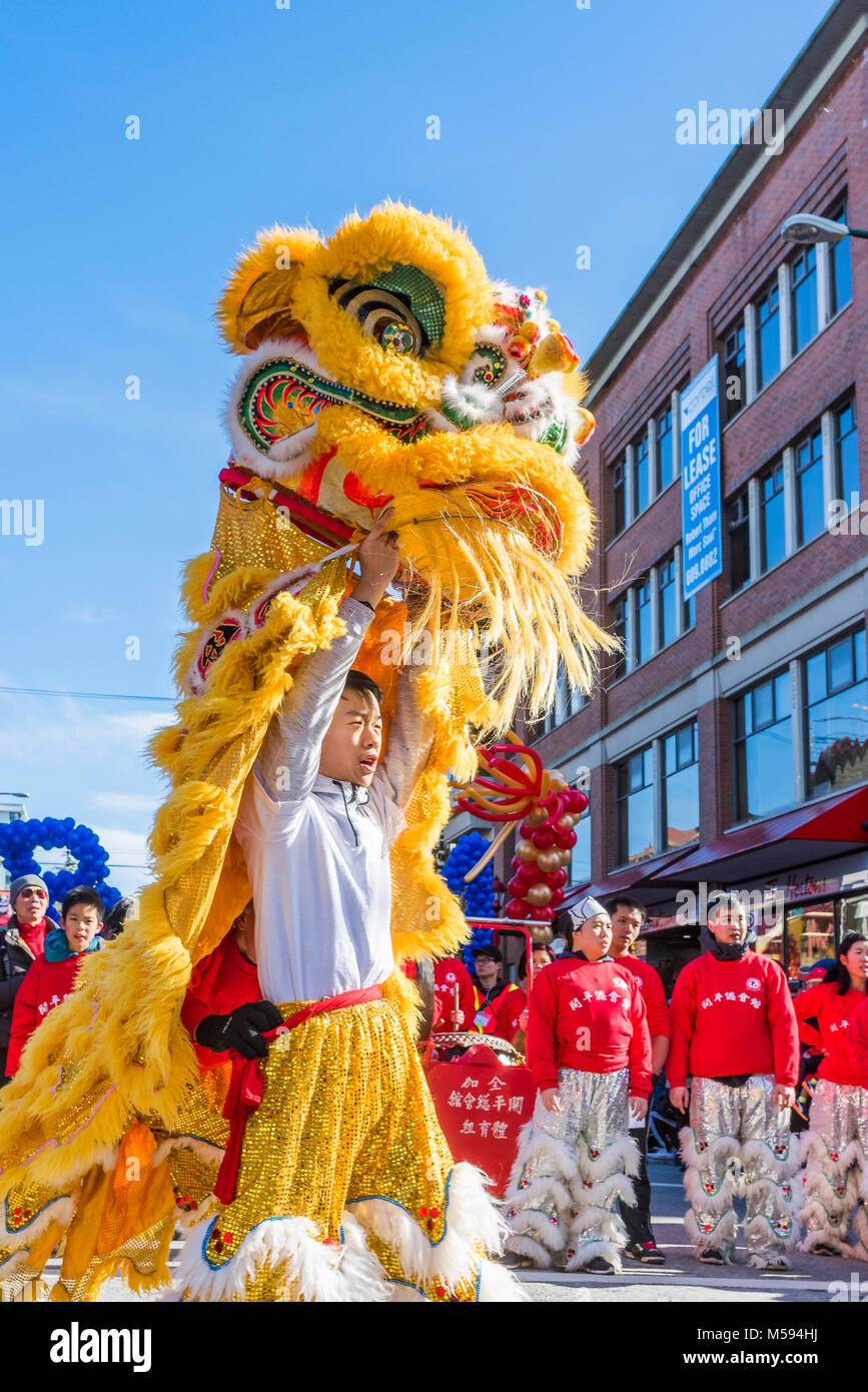 Lion Dance, Chinese Lunar New Year Parade, Chinatown, Vancouver, British Columbia, Canada. Stock Photo