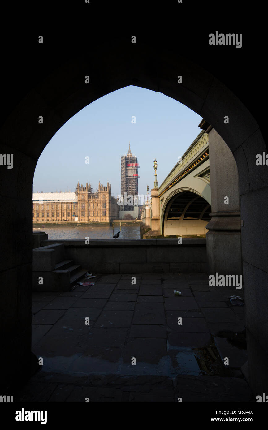 View towards renovated parts of the Houses of Parliament across Westminster Bridge, London, United Kingdom Stock Photo