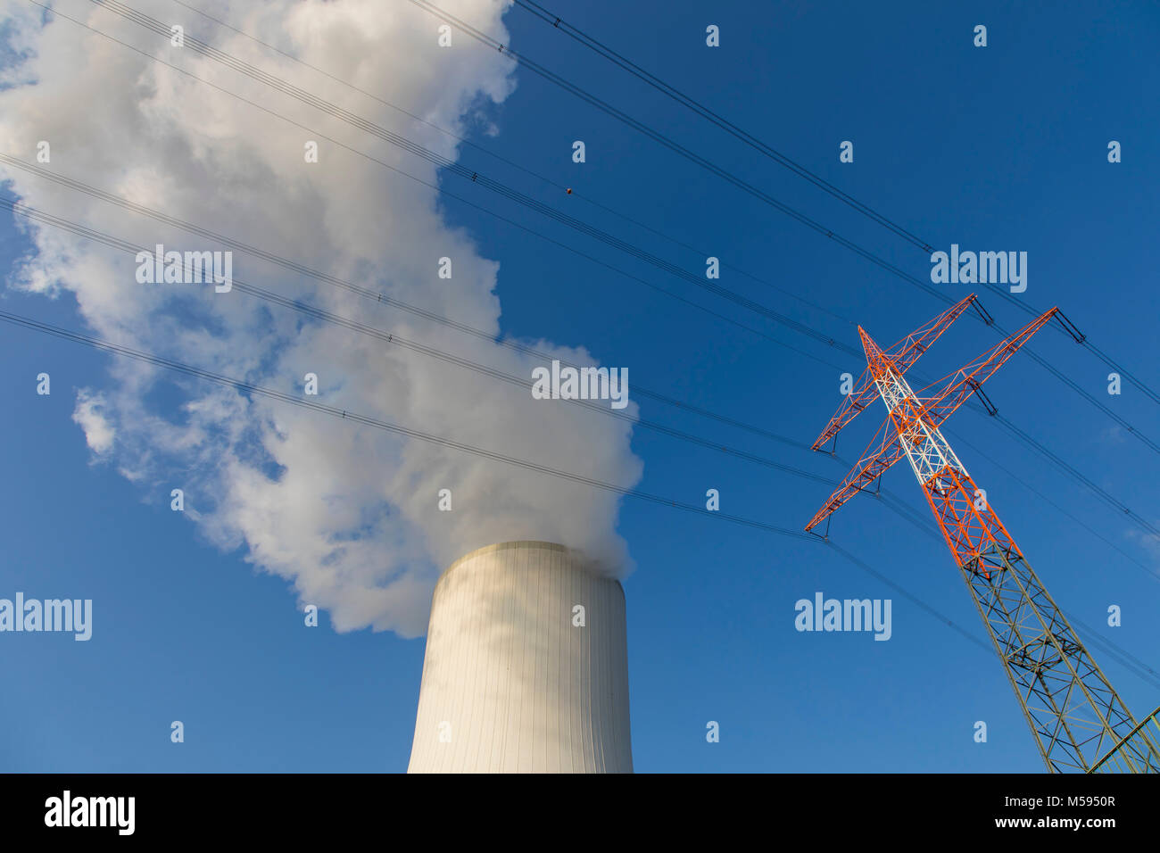 Kühlturm des Kohlekraftwerk Duisburg-Walsum, betrieben von der STEAG und der EVN AG , 181 Meter hoch, Wasserdampf Wolke, Hochspannungsleitung, Mast, Stock Photo