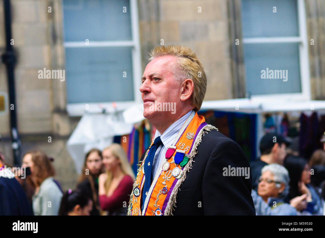 Male member of The Orange Order during the procession up the Royal Mile