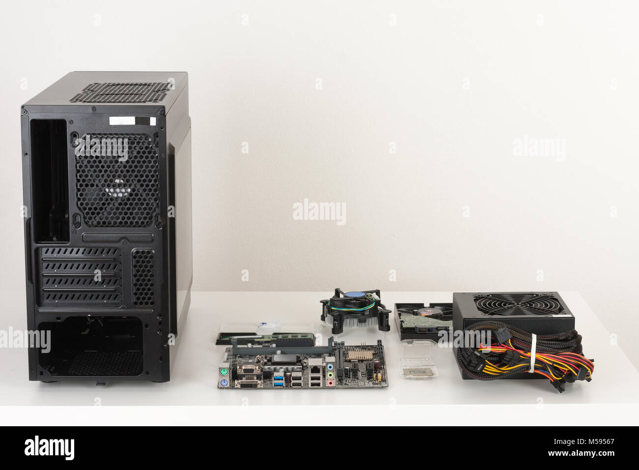 New components, hardware for building desktop PC. PC case, motherboard