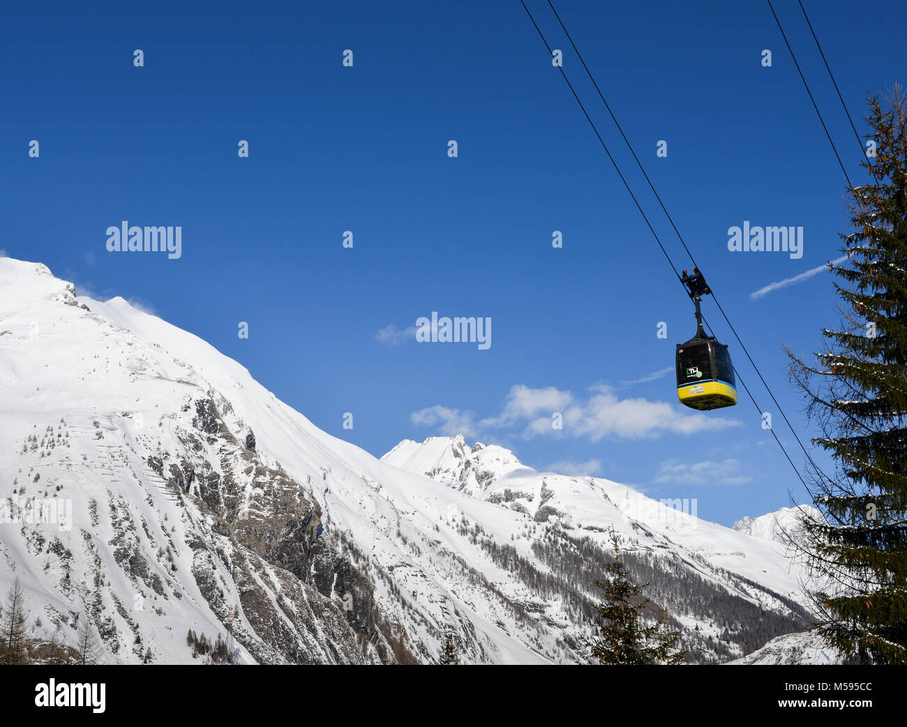 La Thuile, Italy - Feb 18, 2018: Gondola lift at ski resort in winter ...