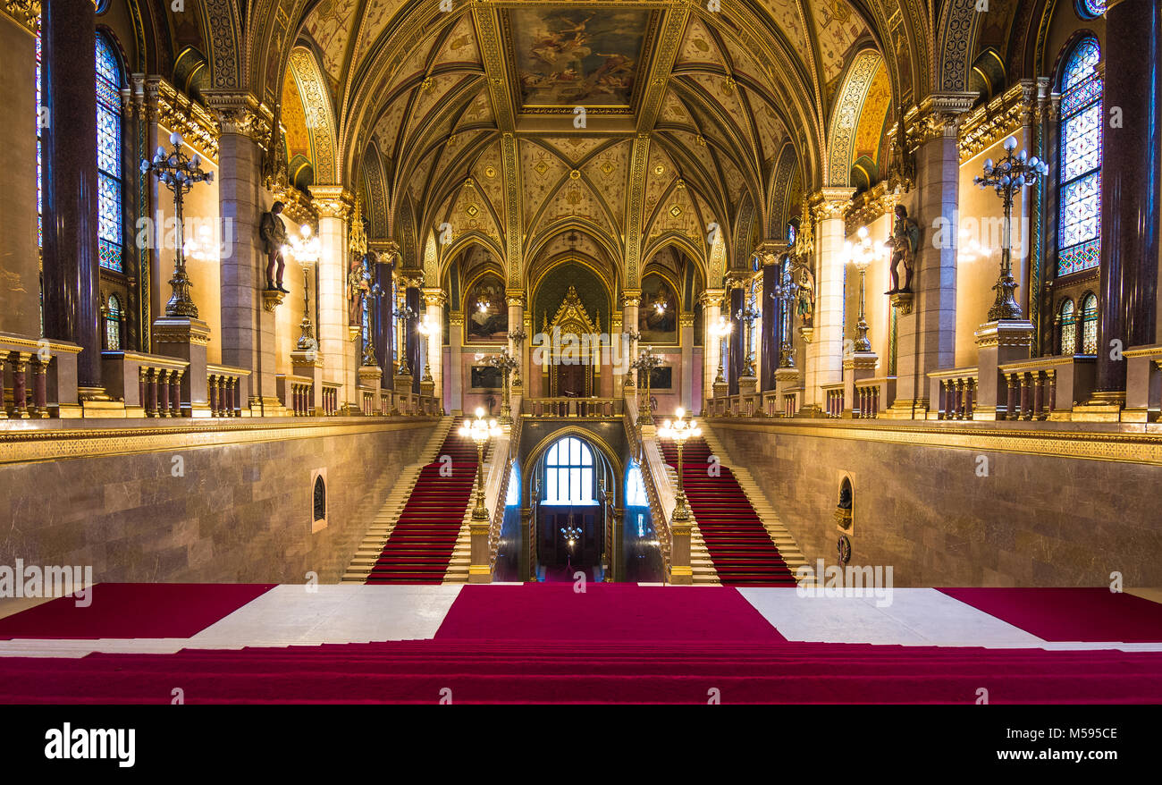 Interior view of Parliament Building in Budapest. The building was completed in 1905 and is in Gothic Revival style. Stock Photo