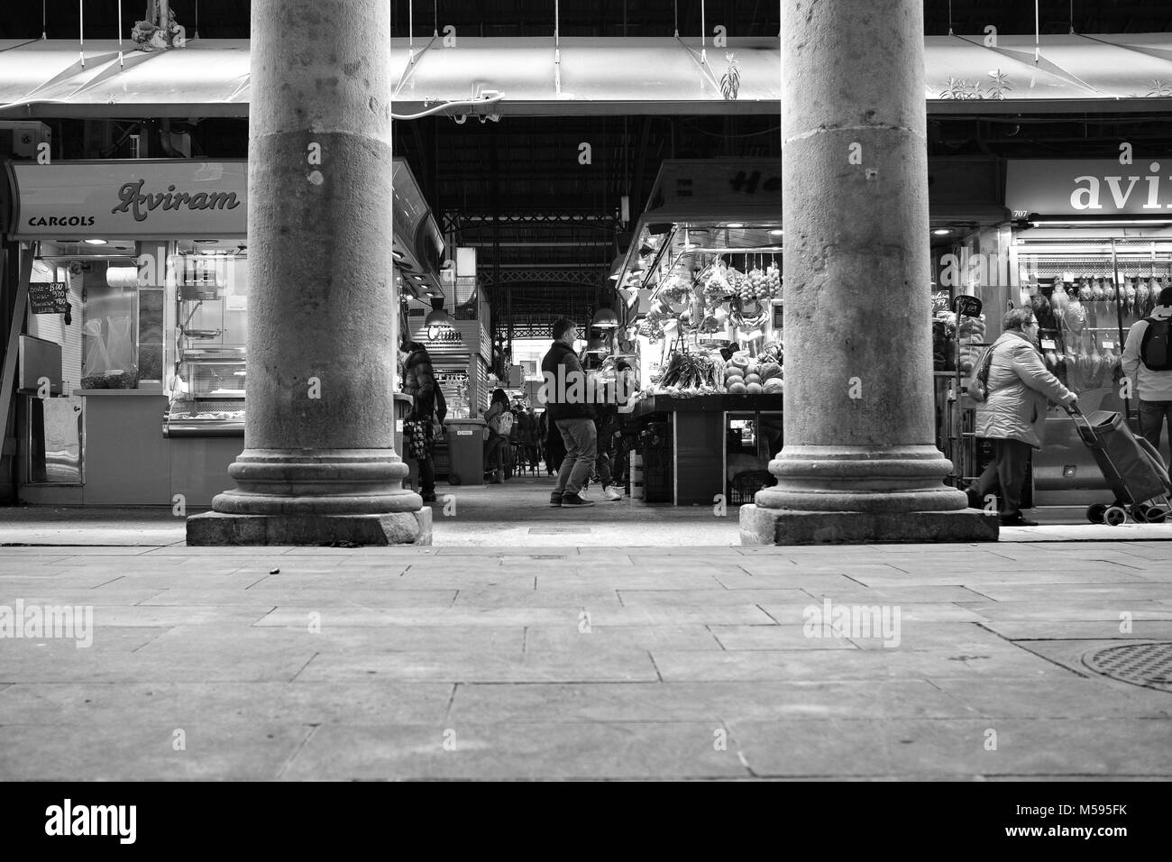 Public market environment with fruit, vegetables, finger food, beef and fish and sweets, all together and allover Stock Photo