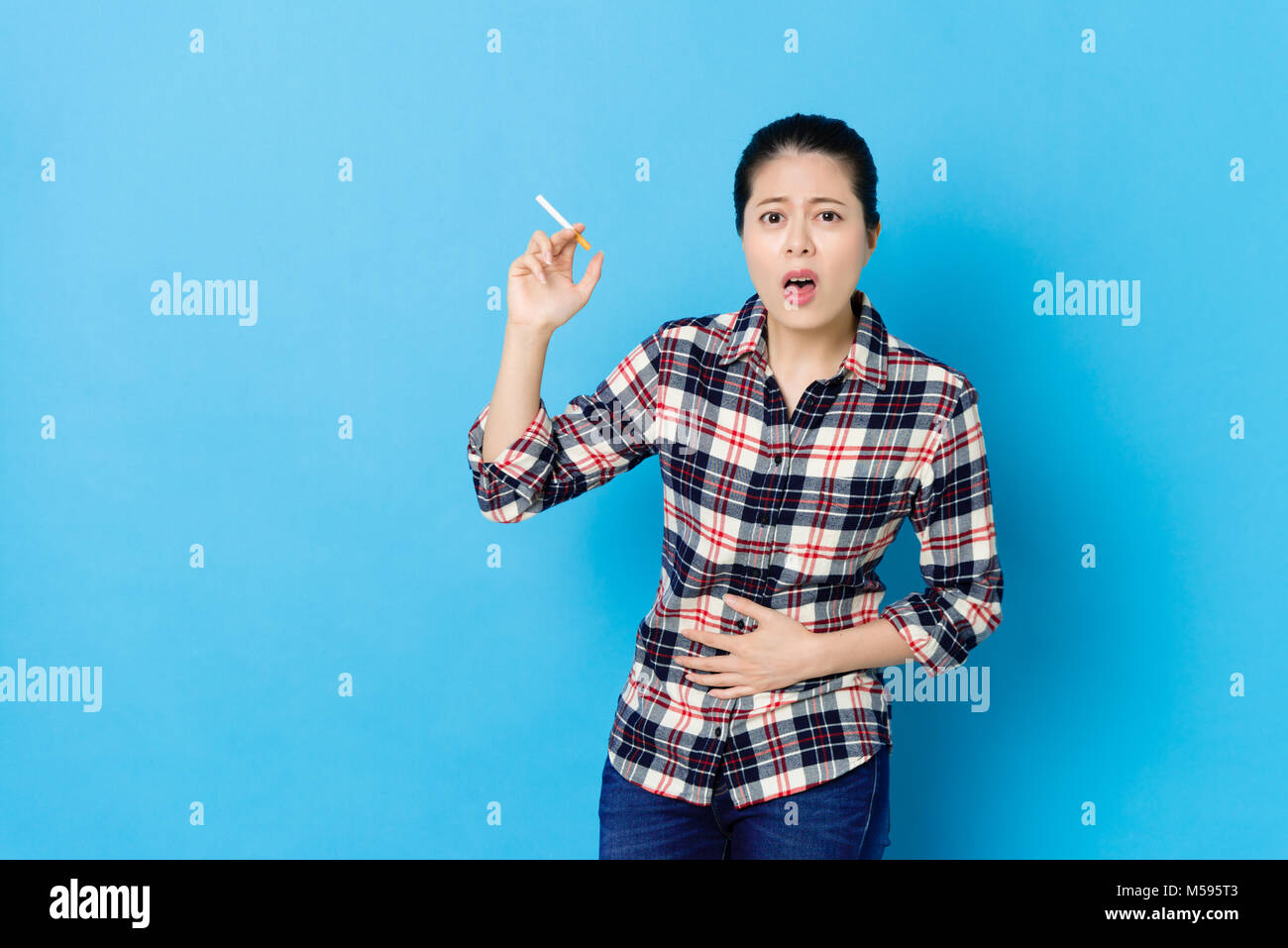 beautiful pretty woman coughing and feeling belly ache painful looking