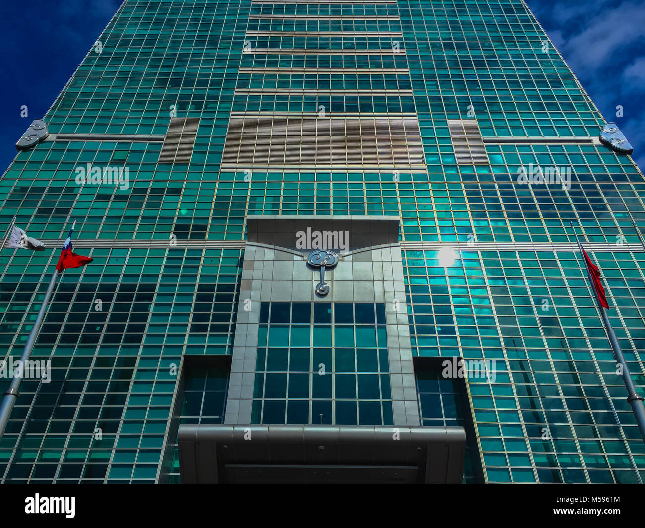 Taipei, Taiwan - November 22, 2015: Taipei 101 tower, view from the front of the tower. Stock Photo