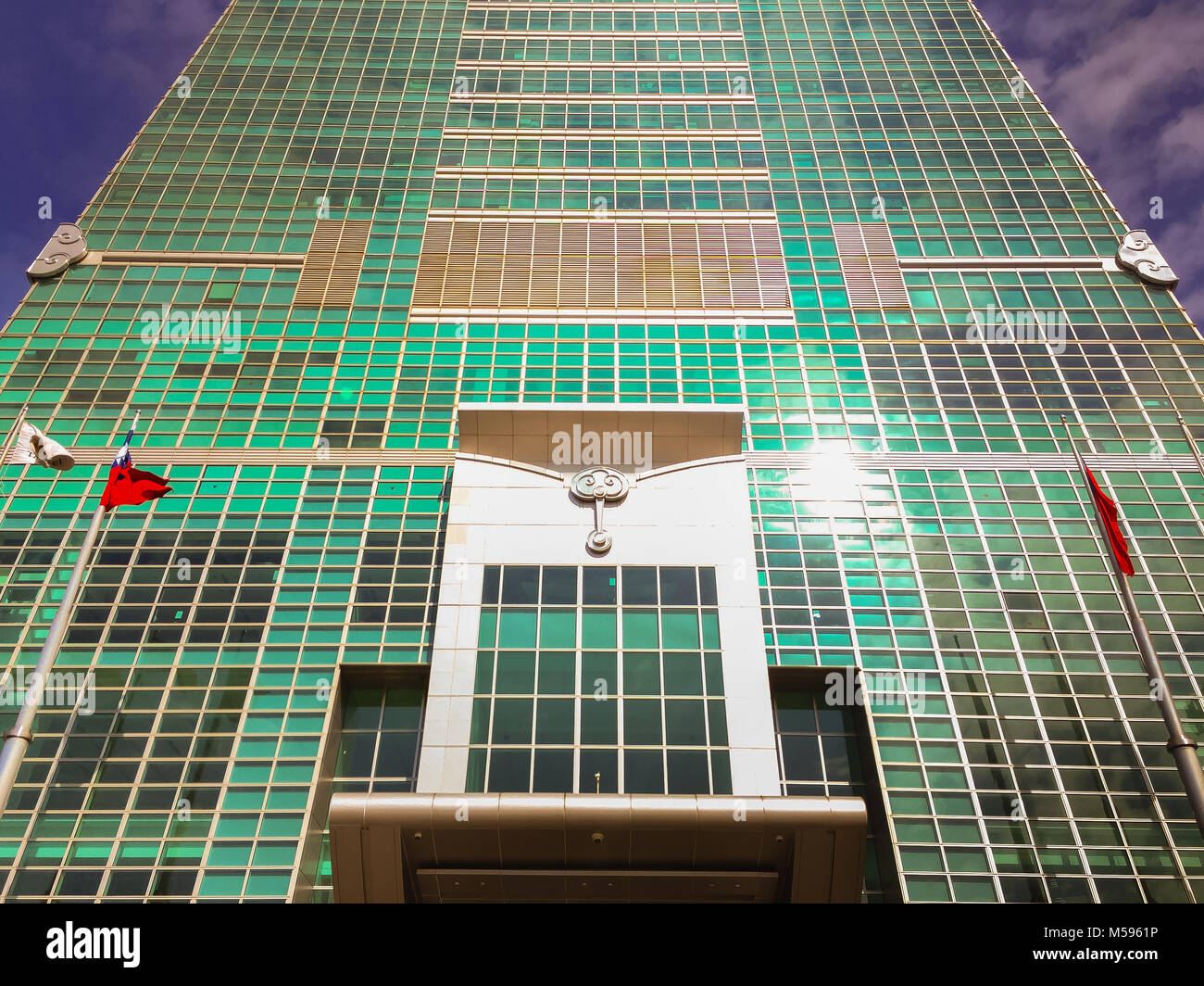 Taipei, Taiwan - November 22, 2015: Taipei 101 tower, view from the front of the tower. Stock Photo