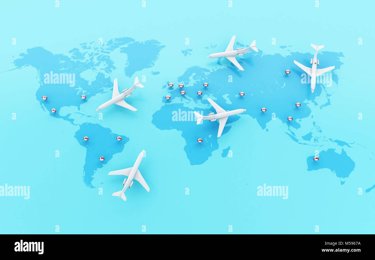 3d illustration. Airplanes flying around globe with map pointer. World ...