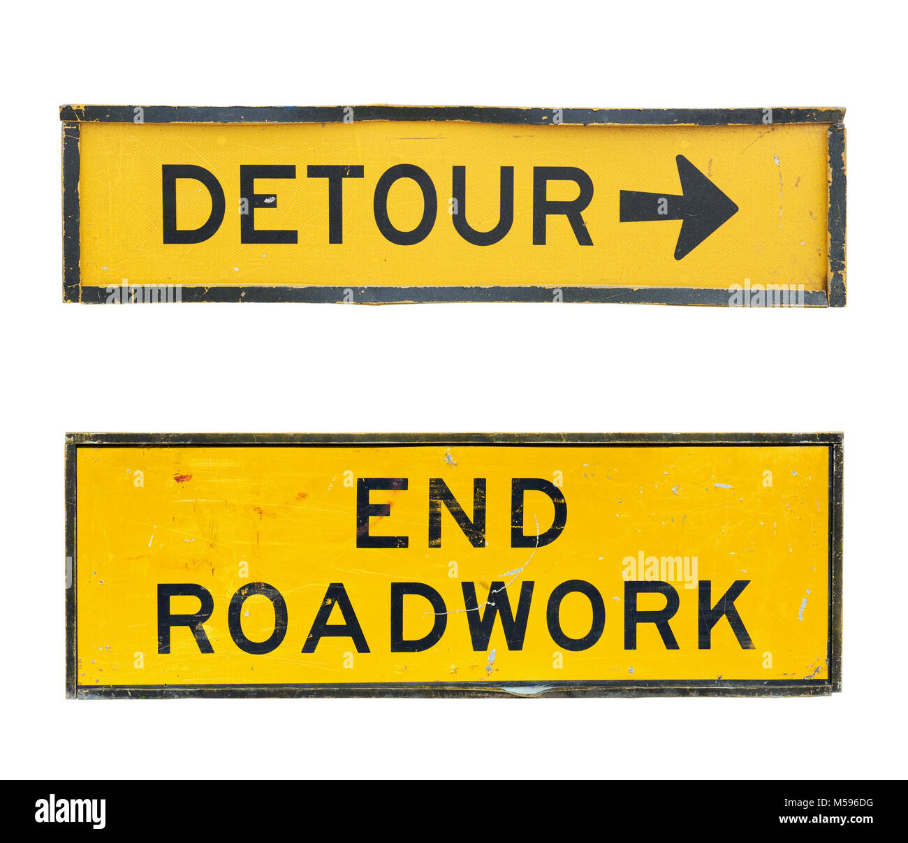 set of old detour traffic end roadwork signs  with scratch and dirty isolated on a white background Stock Photo