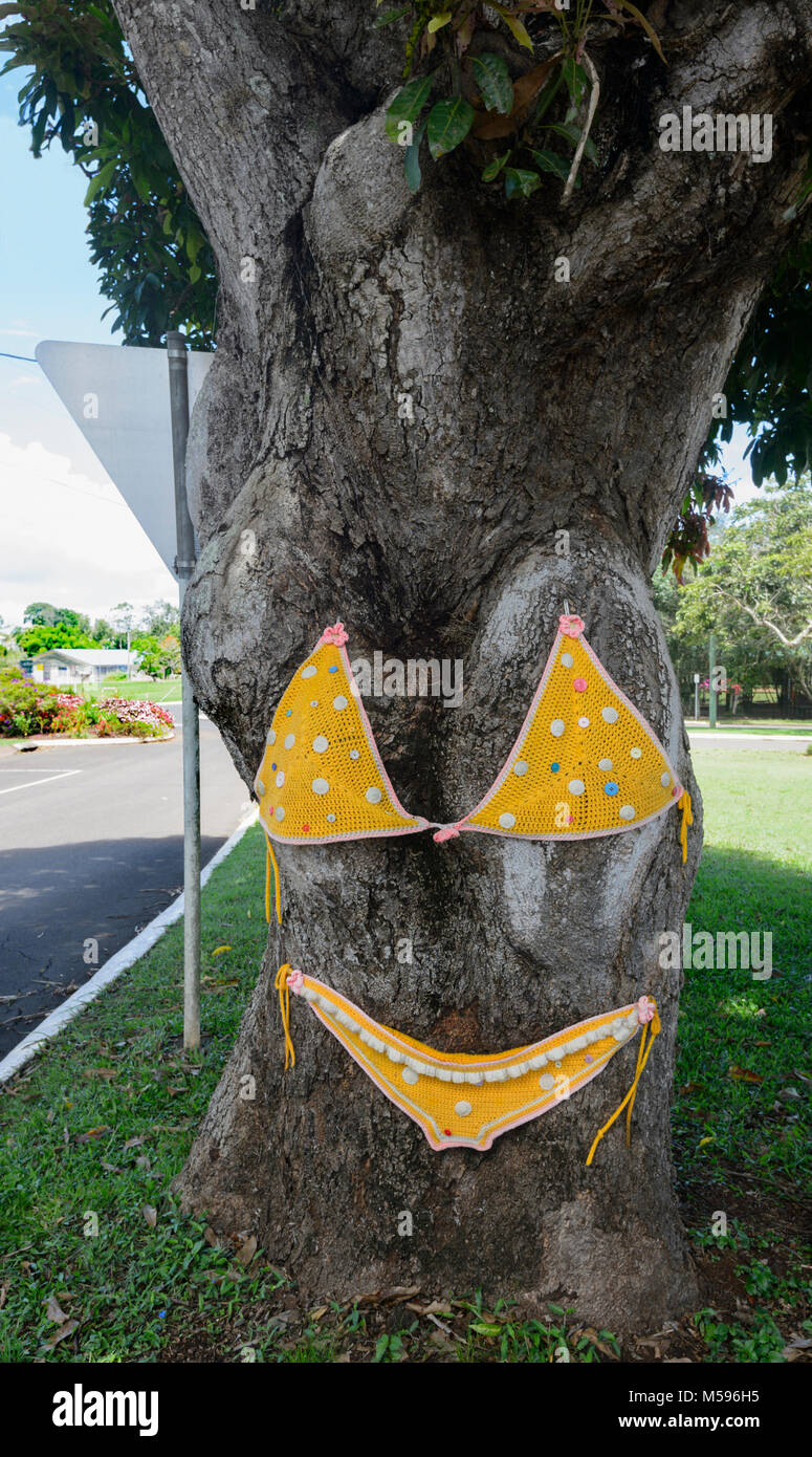 Tree trunk shaped like a woman decorated with a bathing costume, Yungaburra, Atherton Tablelands, Far North Queensland, FNQ, QLD, Australia Stock Photo