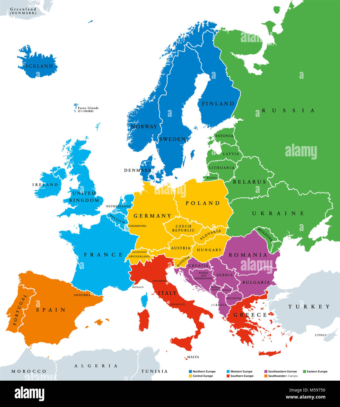 Regions of Europe, political map, with single countries and English labeling. Stock Photo