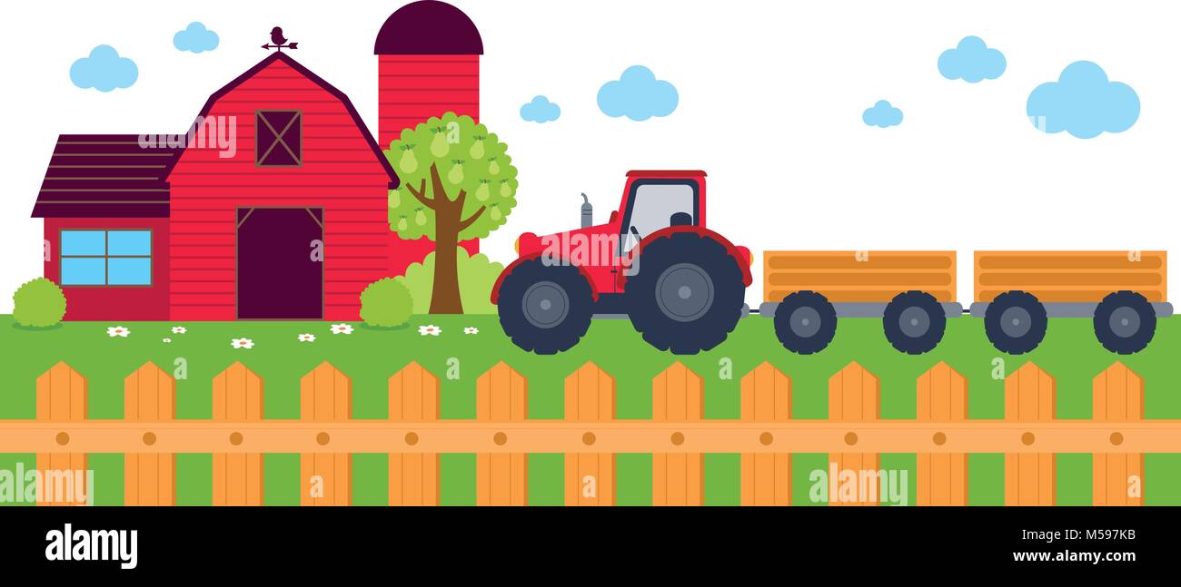 Landscape with barn, farmhouse, fence and tractor with trolley. Vector  header or banner illustration Stock Vector Image & Art - Alamy