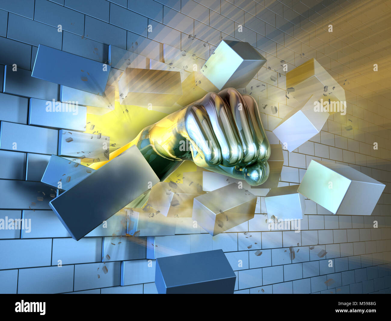 A metallic fist breaking through a brick wall. Digital illustration. Stock Photo