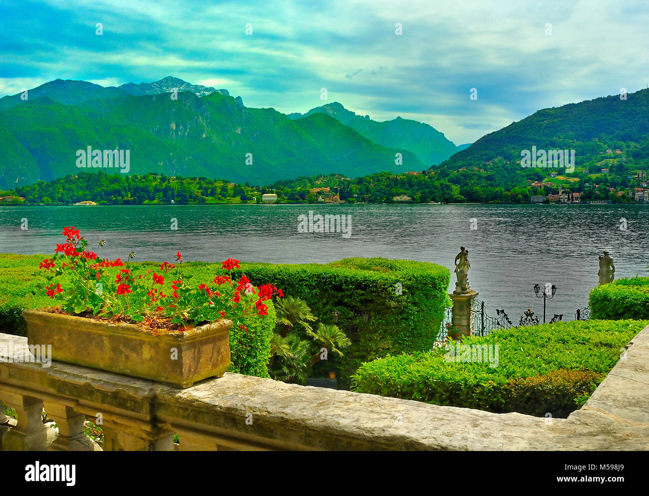 Scenic view of Lake Como from the gardens of Villa Carlotta, Tremezzo, Italy Stock Photo