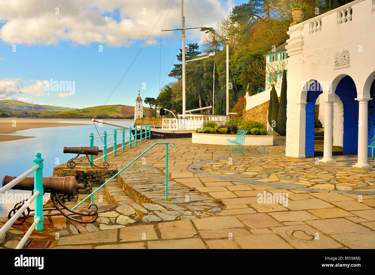 A view across the bay at Portmeirion, North Wales, showing the stone boat Stock Photo