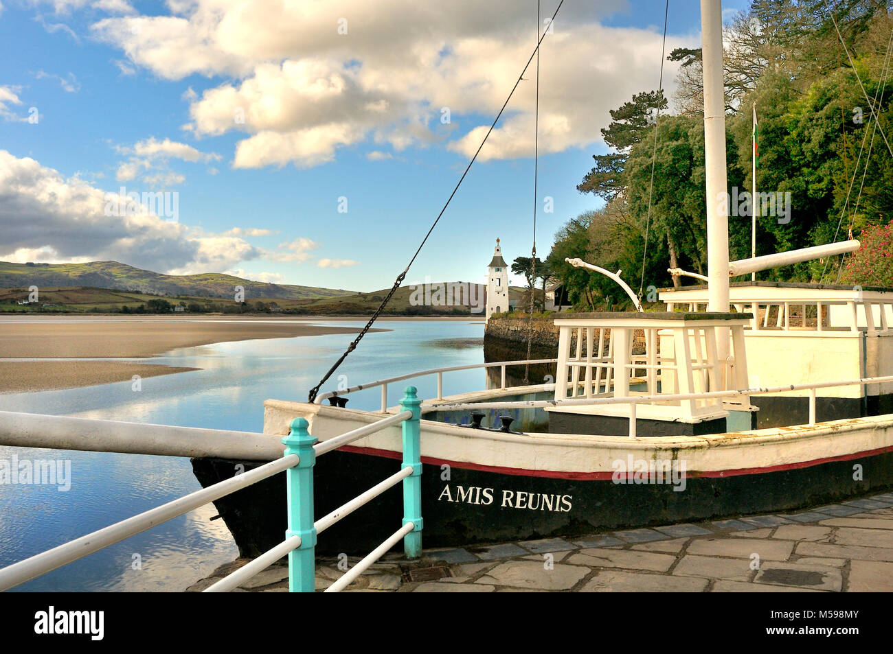 A view across the bay at Portmeirion, North Wales, showing the stone boat Stock Photo