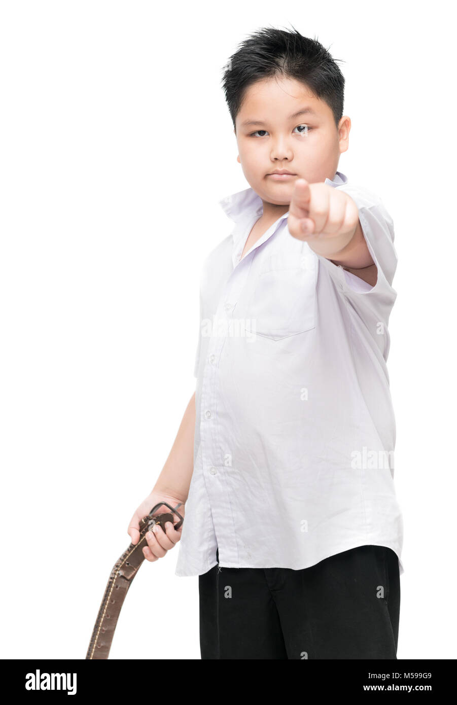 Boy gangster student holding belt isolated on white background, Bad boy