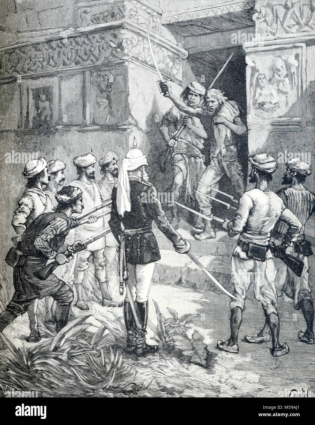 Human Sacrifice in Colonial India. British Colonial Officials Arrest a Hindu Fanatic After a Human Sacrifice in a Hindi temple. The Fanatic Carries the Body of his Victim on his Shoulders (Engraving, 1889) Stock Photo