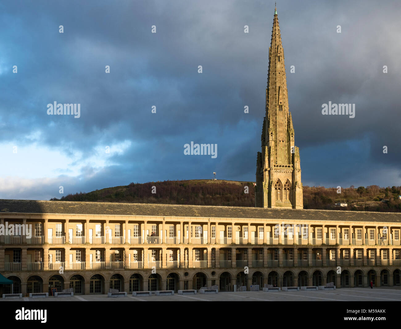 The Piece Hall and old church spire Halifax West Yorkshire England 