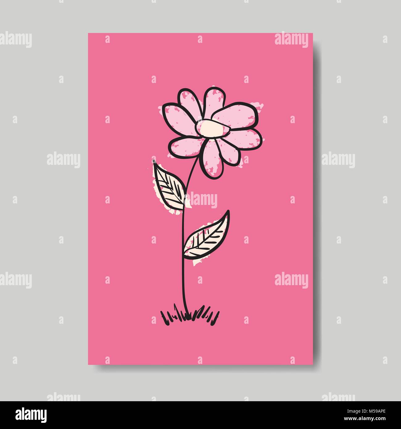 Cute Hand Drawn Greeting Card With Flower On Pink Background Happy ...