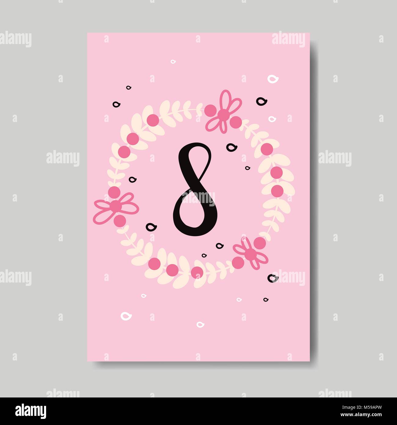 Happy 8 March Cute Doodle Greeting Card Background Design Stock Vector