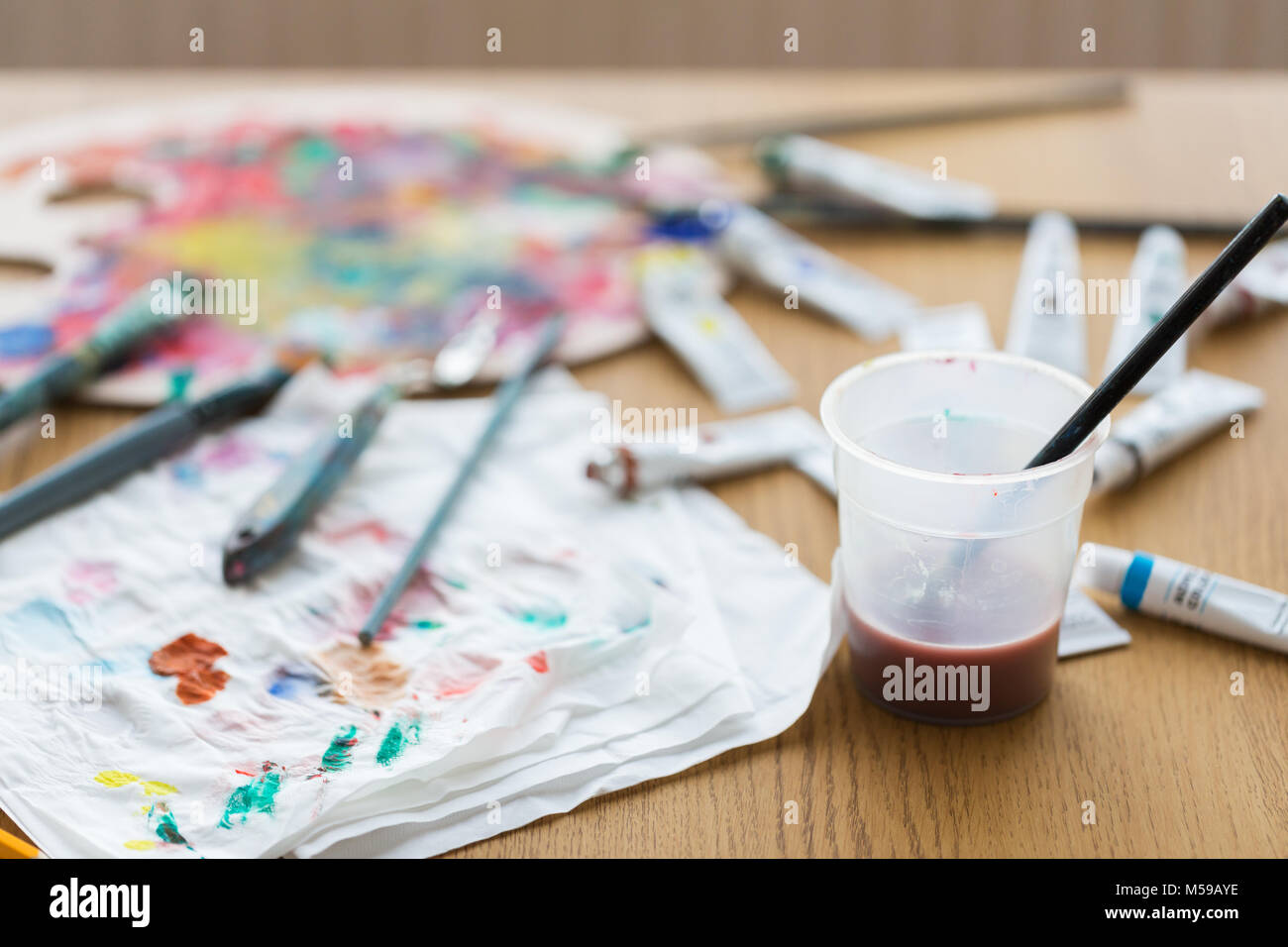 Artist Paint Brushes in White Bucket of Water, Acrylic Colour in Plastic  Cups Stock Photo - Image of brushes, concept: 155799260