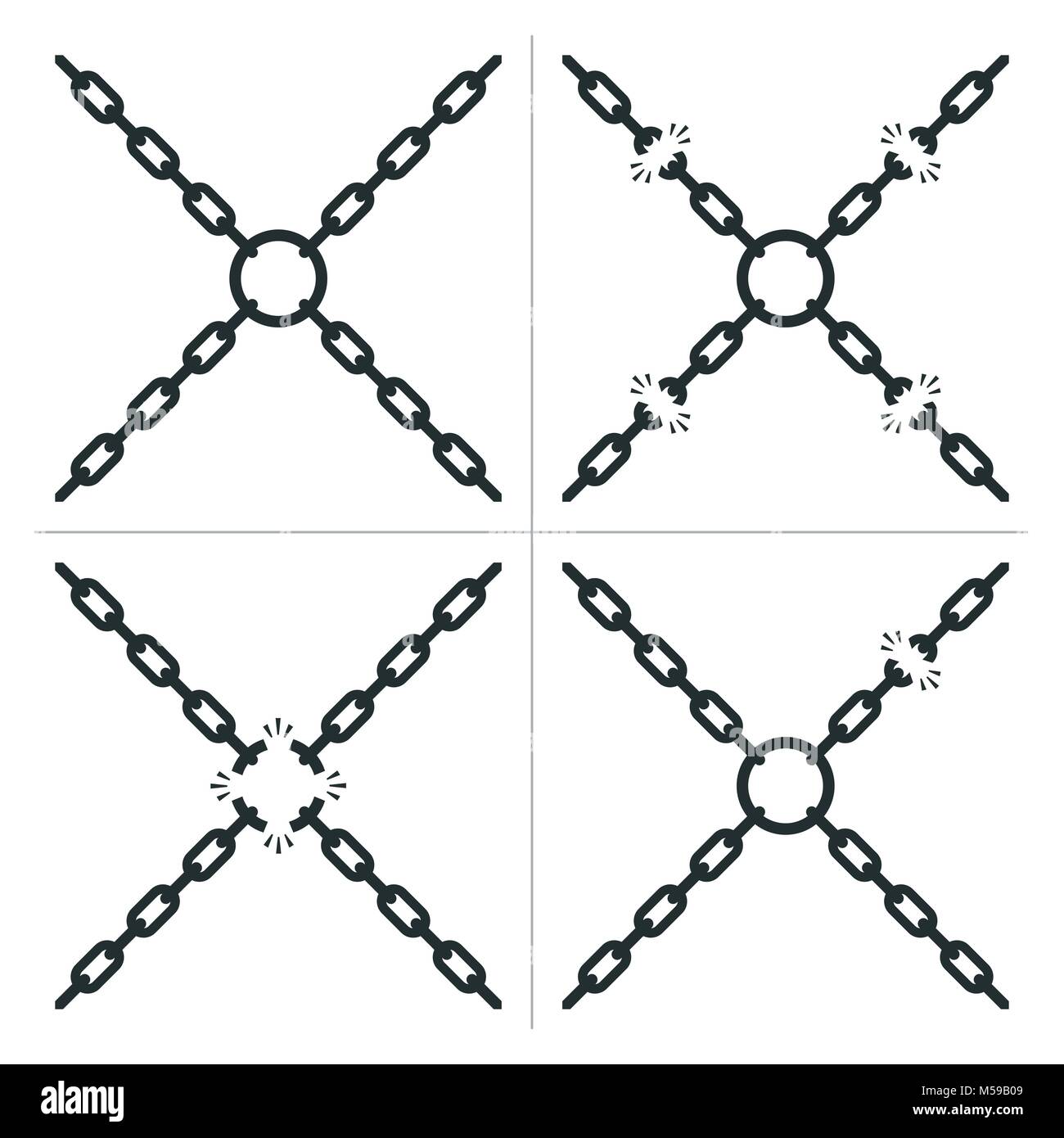 Four chains with breaks in the links joined by a center ring with four different variations, one without any breaks, in a safety and security or freed Stock Vector