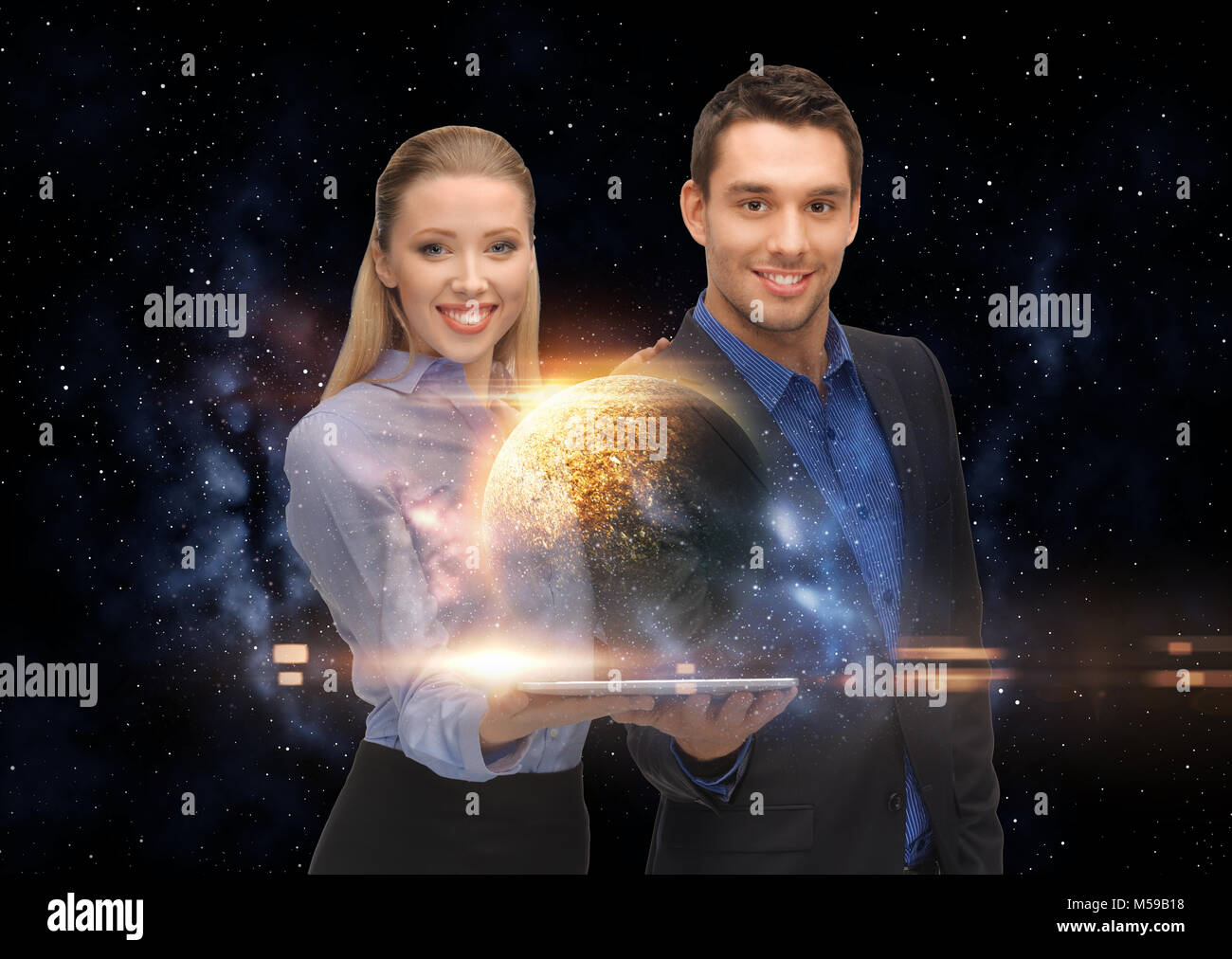 businesspeople with tablet pc and planets in space Stock Photo